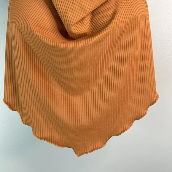 SHEIN Ribbed Cowl Neck Handkerchief Tie Crop Top Brown Open Back V Hem L - Picture 4 of 7